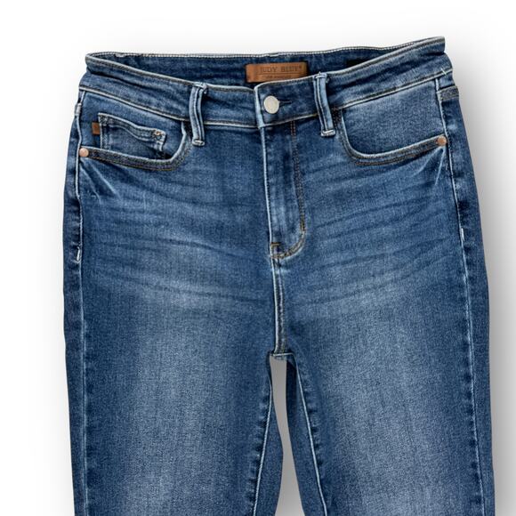 Judy Blue Kick Flare Jeans Women's Size 7 28 Medium Wash Raw Hem Stretch Denim - Picture 3 of 9